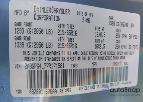 2007 Chrysler Town & Country Limited z USA, uszkodzony, nr VIN 2A8GP64L77R171581